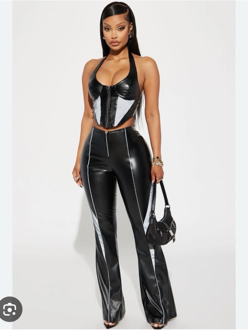 Fashion Nova Black & Silver Faux Leather Flare Pants